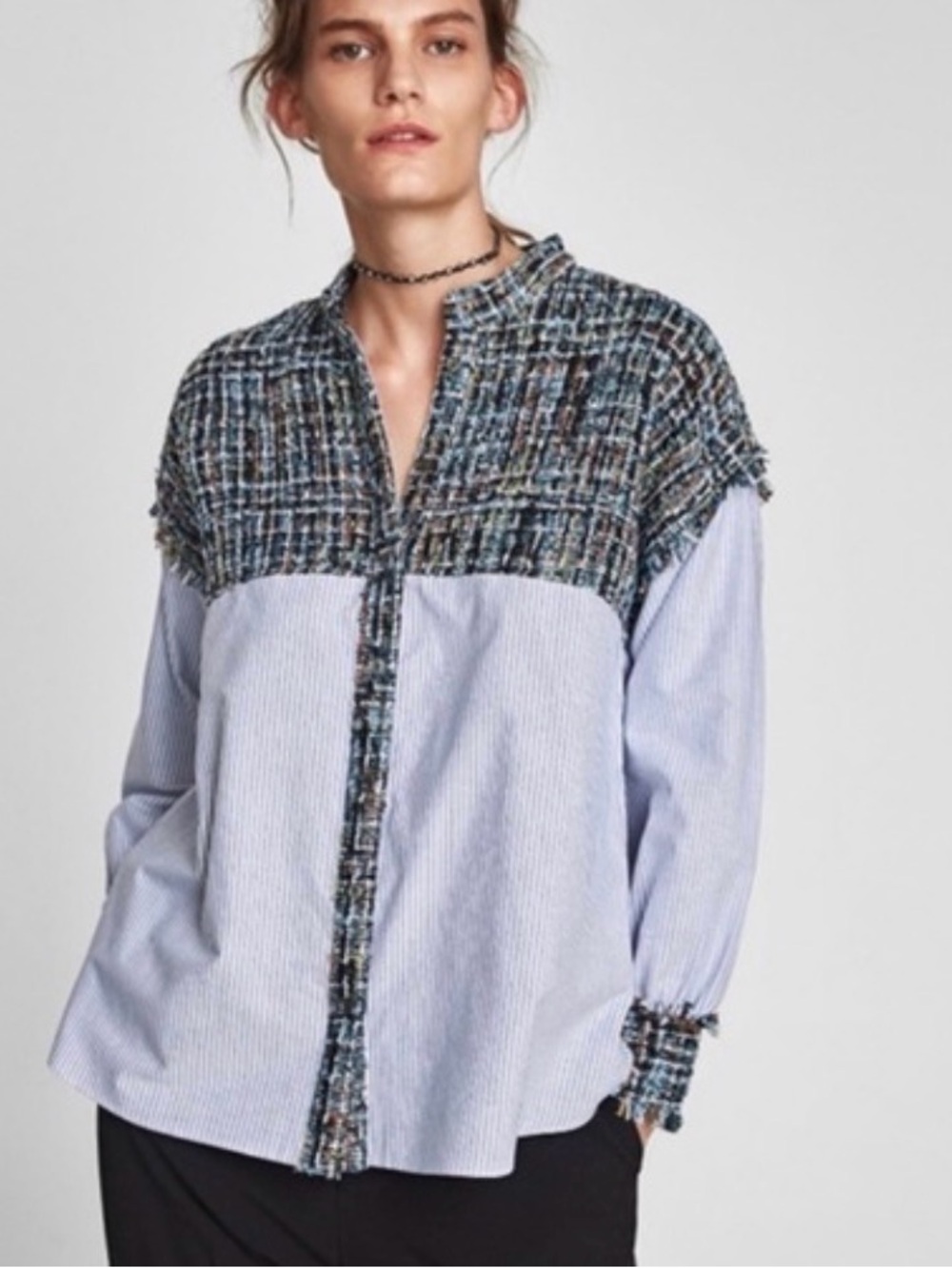 Zara Blue-White Striped Button-Down with Black Teal Tweed Yoke